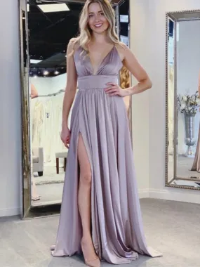 Spaghetti Long A-line Side Slit Simple Prom/Bridesmaid Dresses