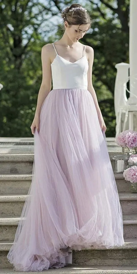 Spaghetti Long A-line Tulle Wedding Dresses, Simple Wedding Dresses, Long Wedding Dresses