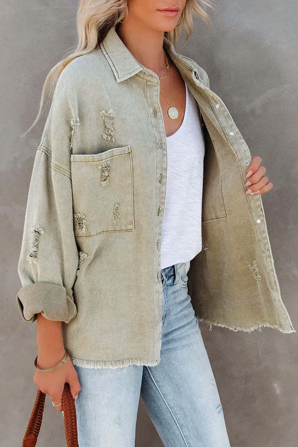 Stylish Lapel Long Sleeve Ripped Denim Jacket