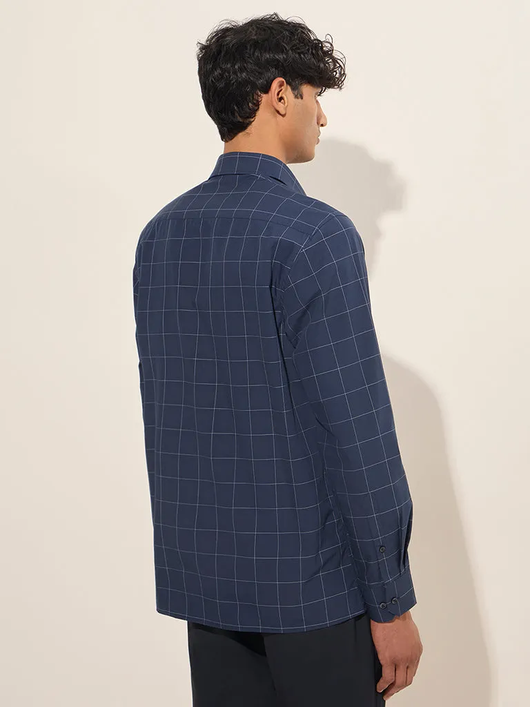 WES Formals Navy Checkered Slim-Fit Cotton Shirt