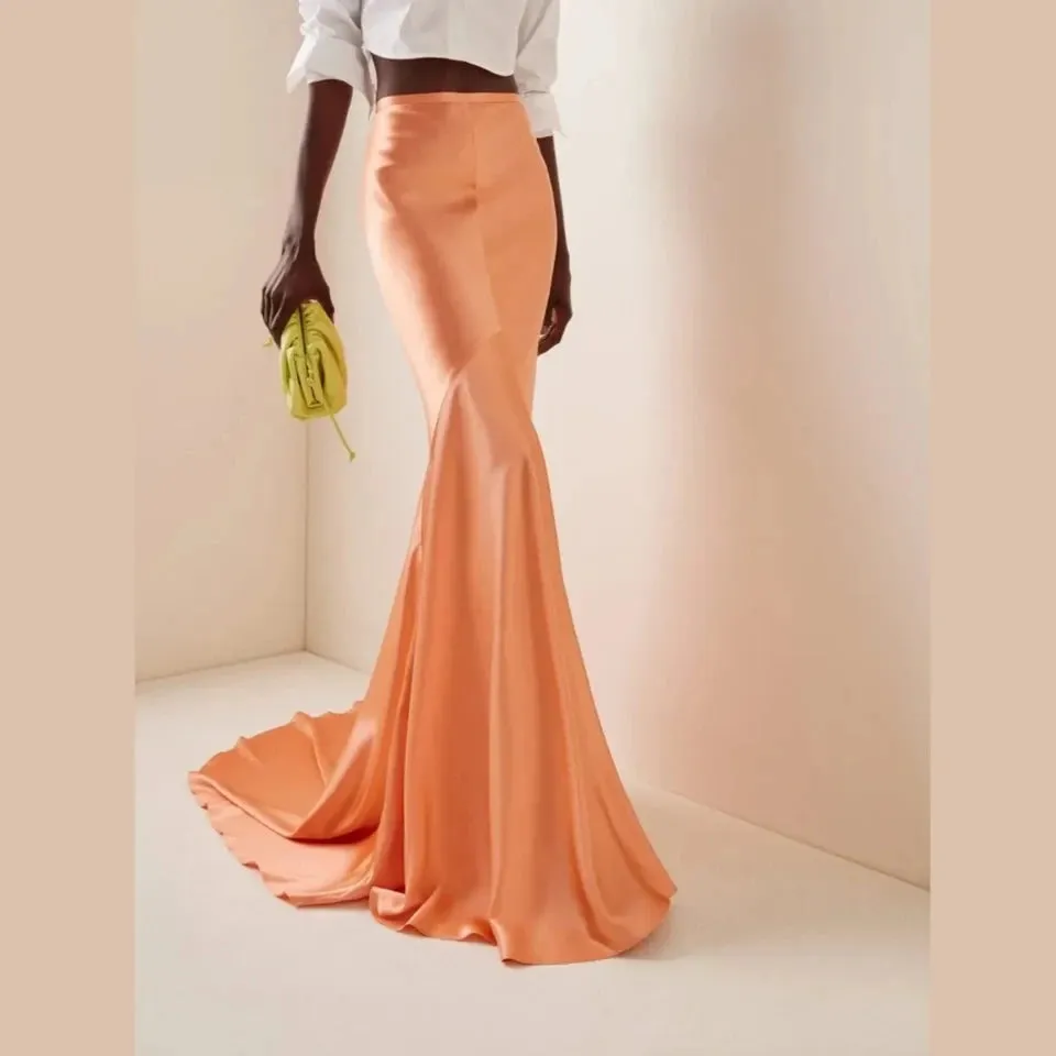 Women Maxi Silk Satin Mermaid Skirt Sweep Train High Quality Formal Skirts