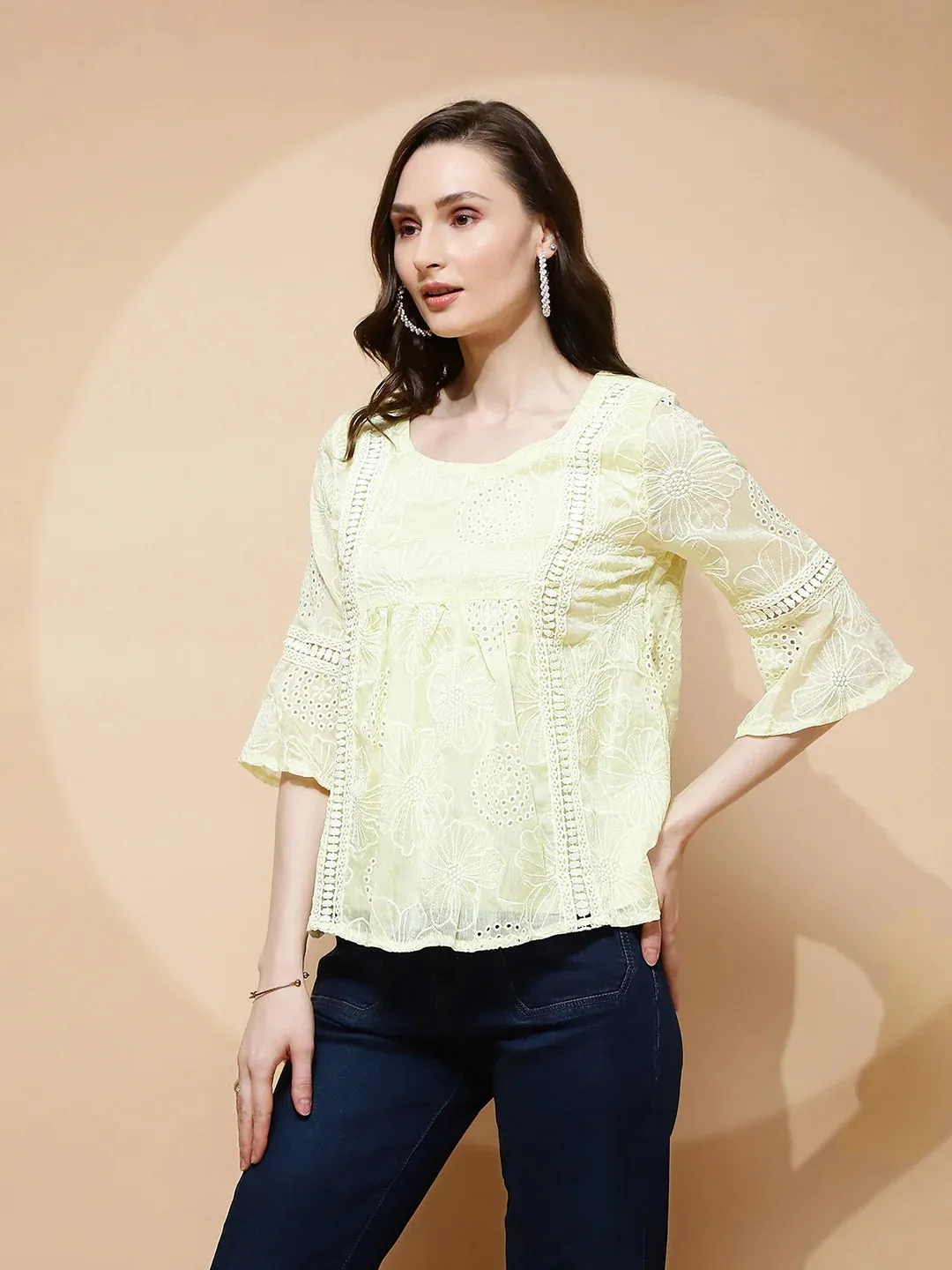 Yellow Polyester Blend Regular Fit Blouse For Women