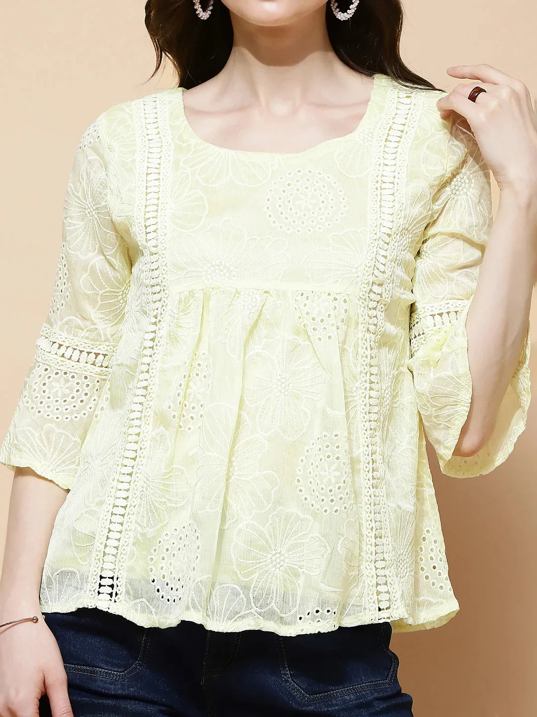 Yellow Polyester Blend Regular Fit Blouse For Women